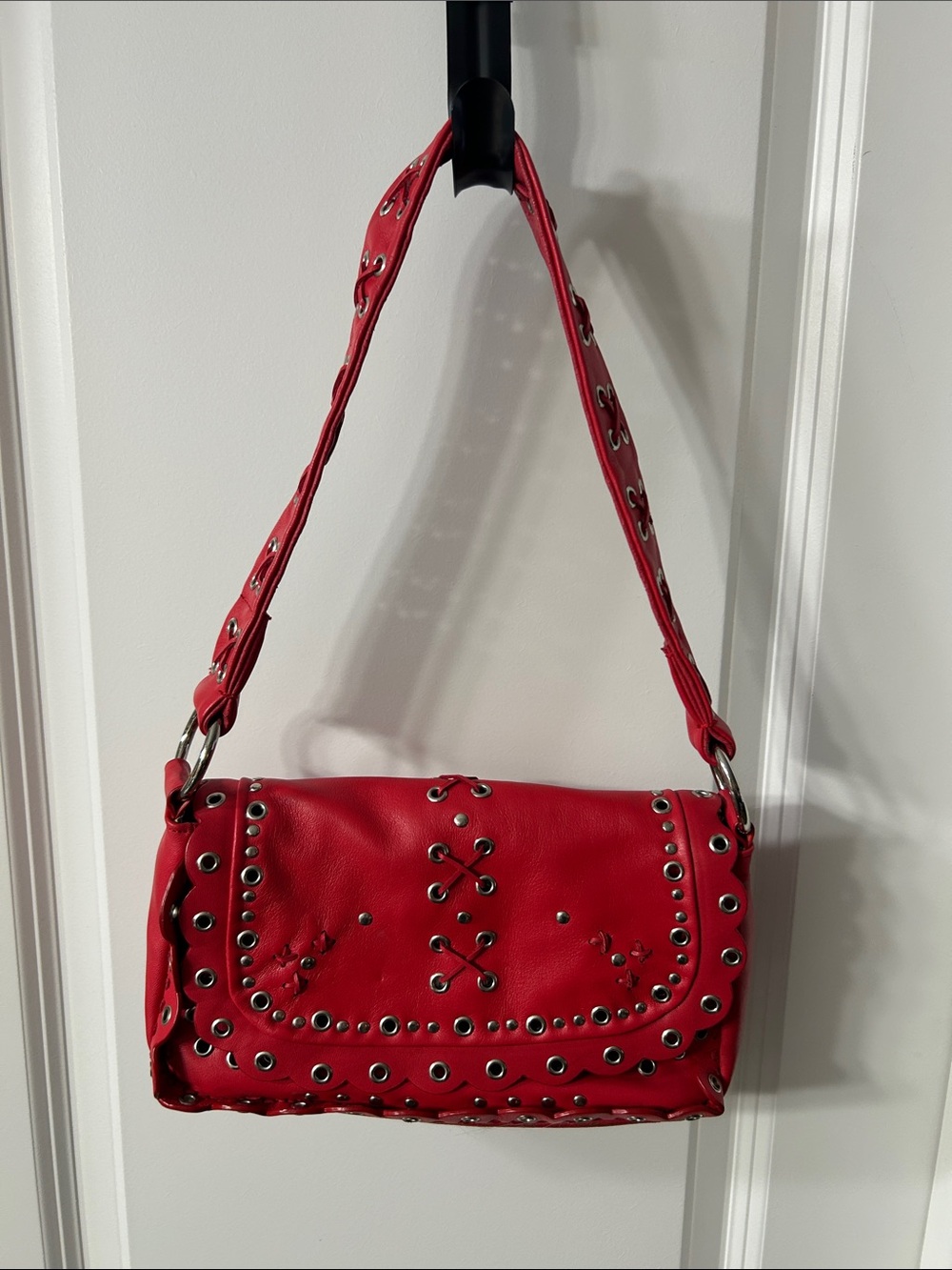 Maxx New York Red Shoulder Bag with Eyelet Accents